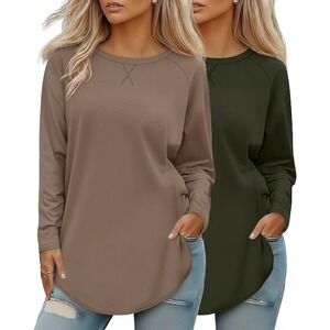 Pack of 2 Ficerd Women's XL Army Green, Coffee Long Sleeve Shirts Loose Fit